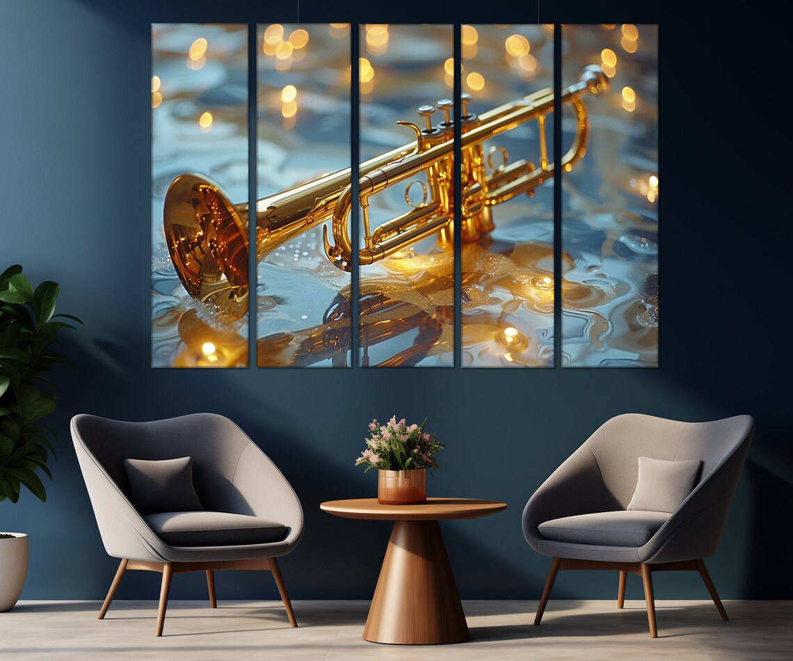 Golden Trumpet on Shimmering Water Abstract Reflection Musician Gift Wall Art Print - Image 3