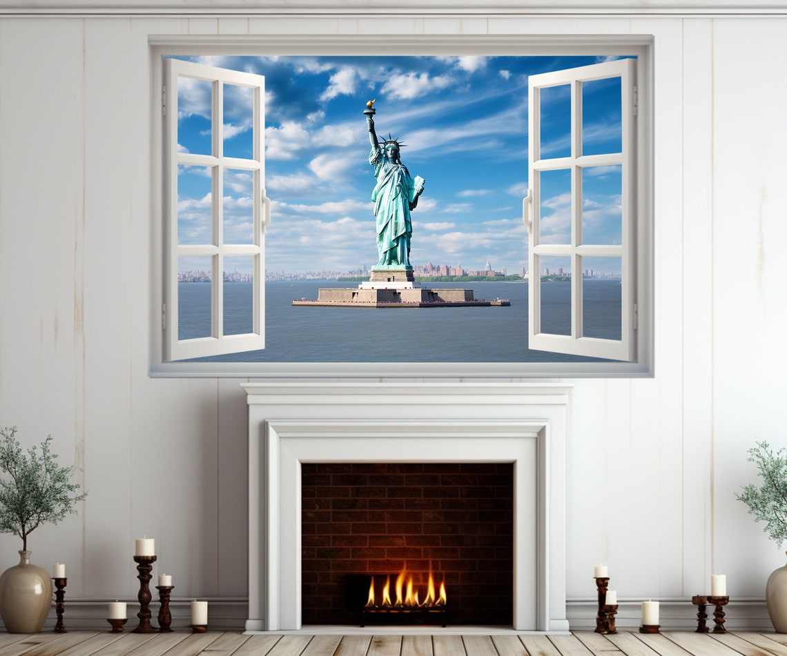 Statue Of Liberty New York Harbor Open Window Blue Sky View Poster
