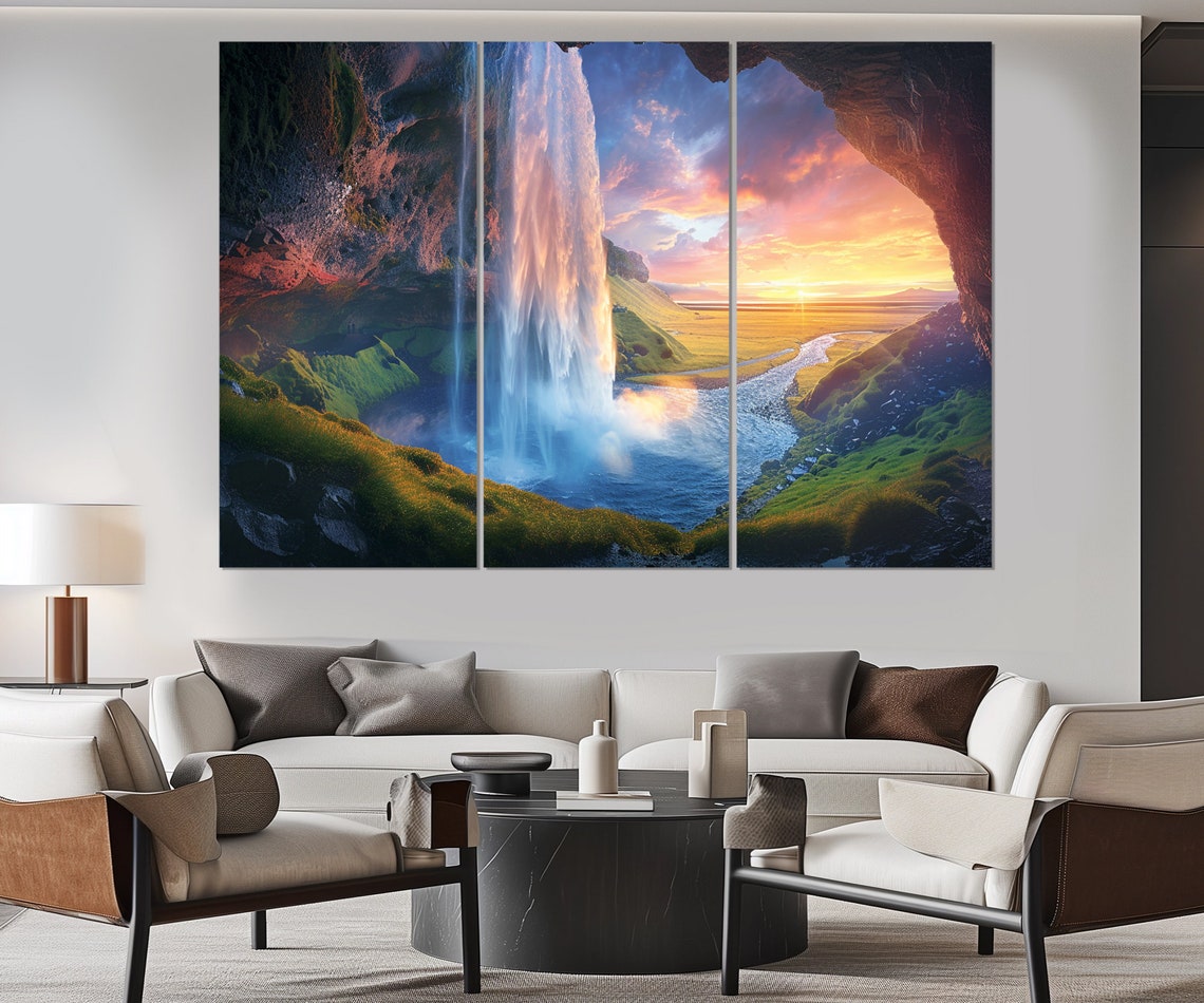 Waterfall Seljalandsfoss In Island Abstract Print Waterfall Painting Waterfall Print Iceland Nature Print Framed Ready To Hang - Image 4