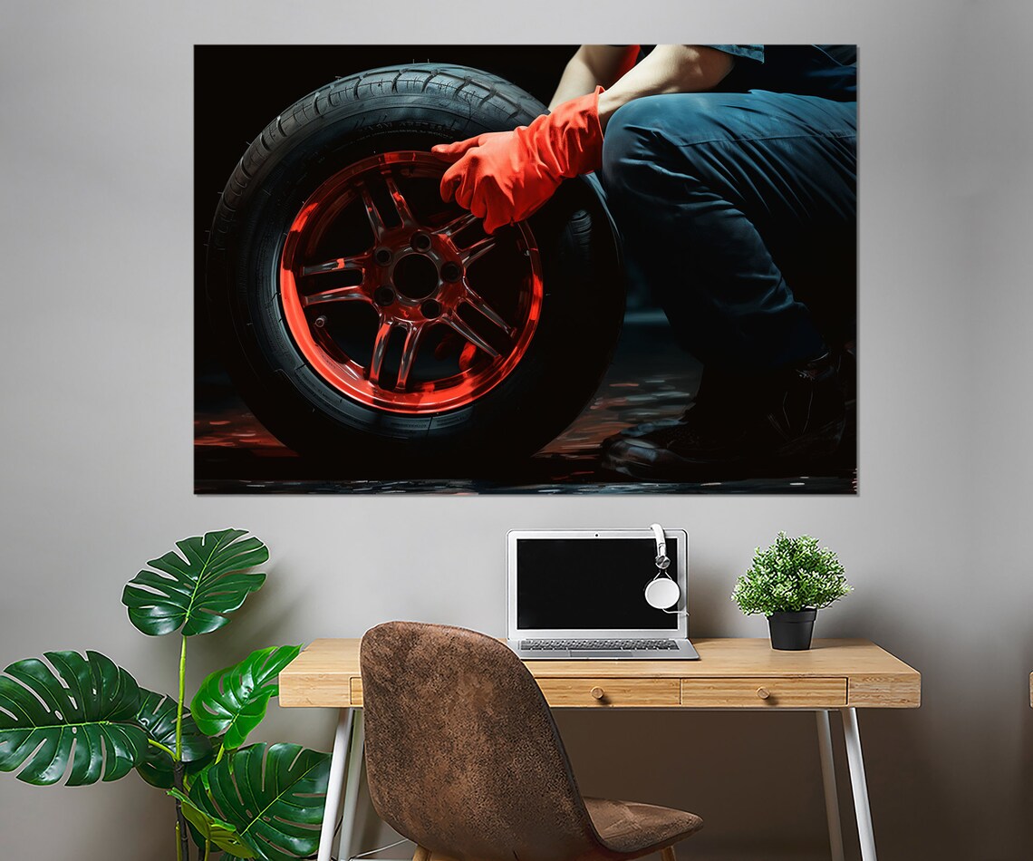 Tire Fitter Red Gloves Red Rim Wheel Dark Garage Wall Art Poster - Image 4