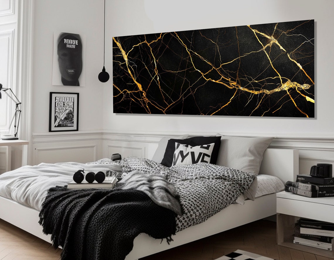 Black Marble Gold Veins Abstract Luxury Triptych Modern Wall Poster - Image 3