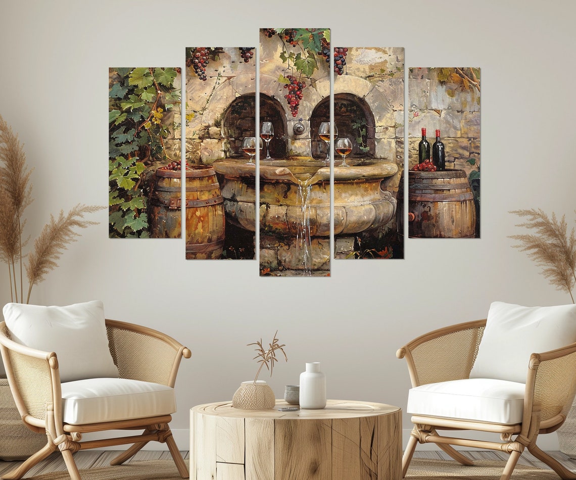 Vintage Wine Fountain Stone Cellar Oak Barrels Grapes Rustic Wall Art - Image 4