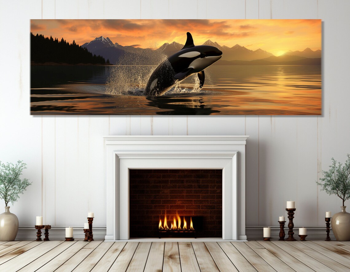 Abstract Orca Jump Art Print, Sunset Underwater