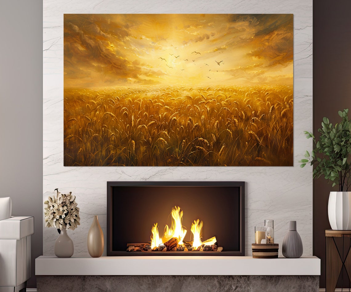 Golden Wheat Field Triptych Sunset Birds Farmhouse Rustic Wall Art - Image 4