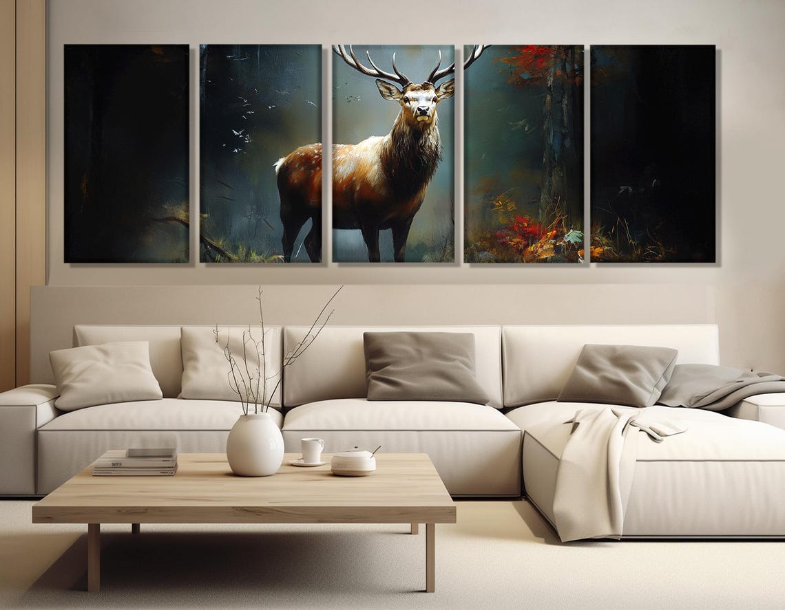 Majestic Stag Autumn Forest Painted Wildlife Panoramic Wall Poster - Image 2