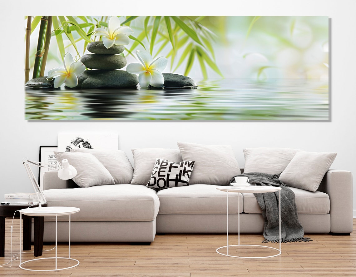 Zen Spa Stones Stacked Cairns Water Bamboo Serene Green Wall Art - Image 2