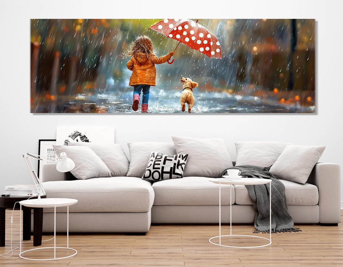 Little Girl Puppy In Rain Red Umbrella Joyful Kids Triptych Wall Art - Image 2