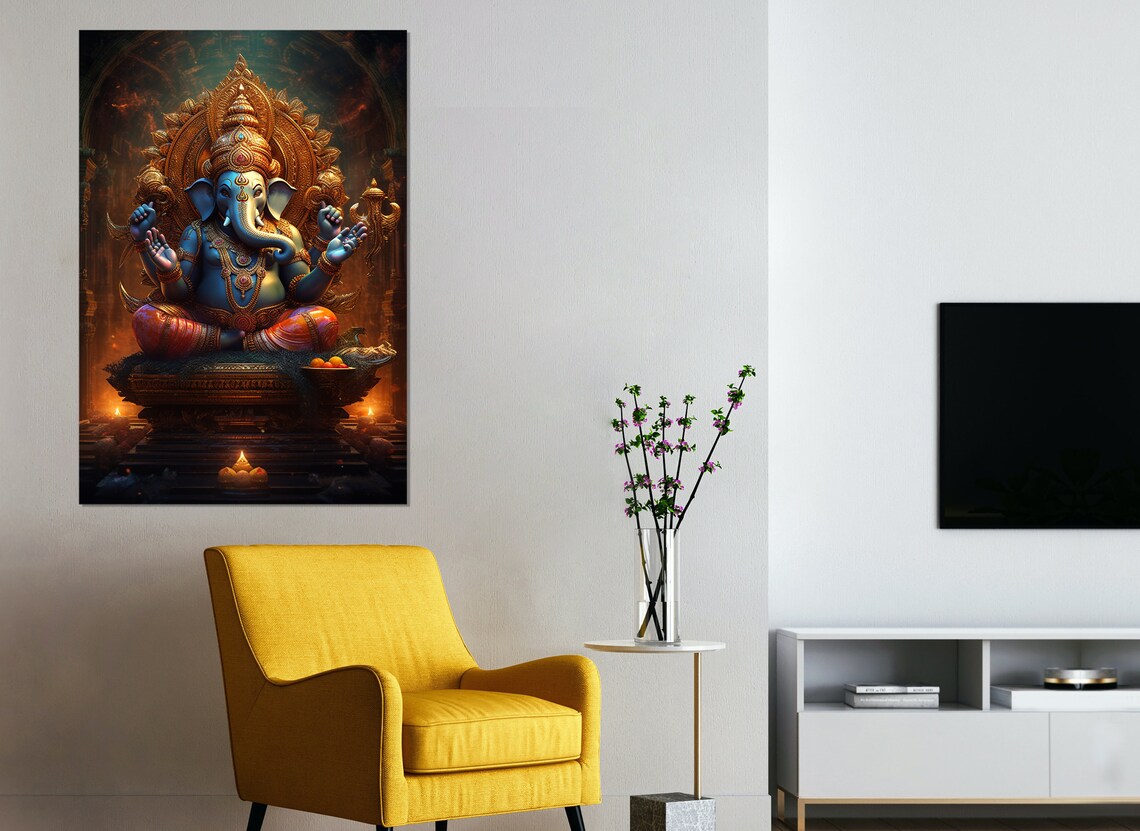 Lord Ganesha Seated On Throne Golden Halo Hindu God Wall Poster - Image 4