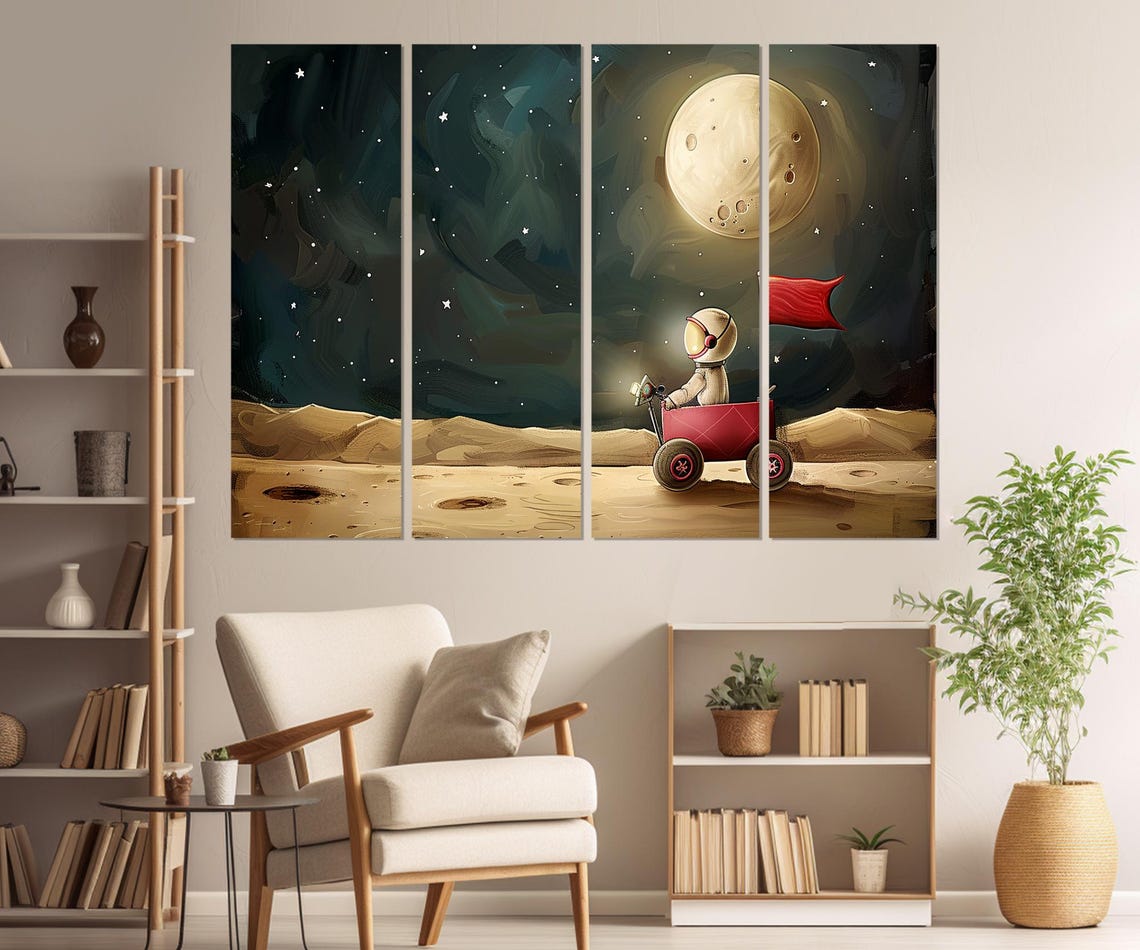 Cute Astronaut Kid Riding Red Wagon on Moon Nursery Space Art Poster - Image 3