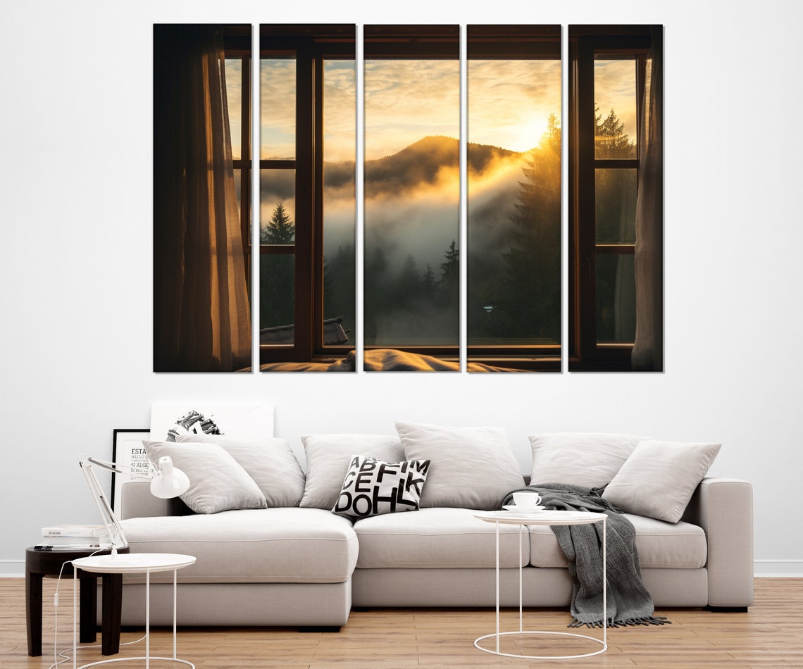 Mountain Sunrise Through Open Window Golden Fog Peaks View Poster - Image 4