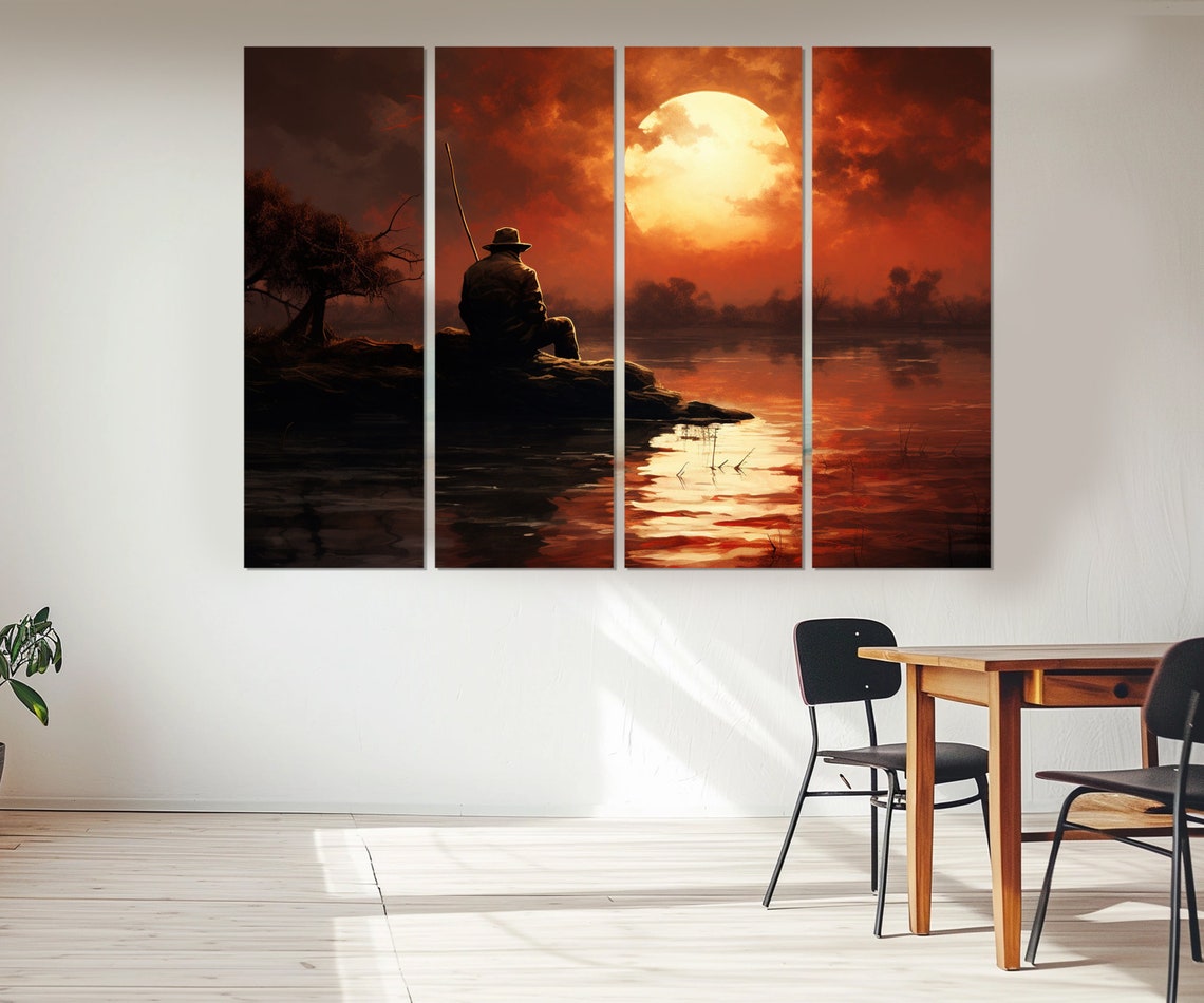 Fisherman Silhouette Red Sunset Lake Shore Dramatic Evening Poster - Image 3