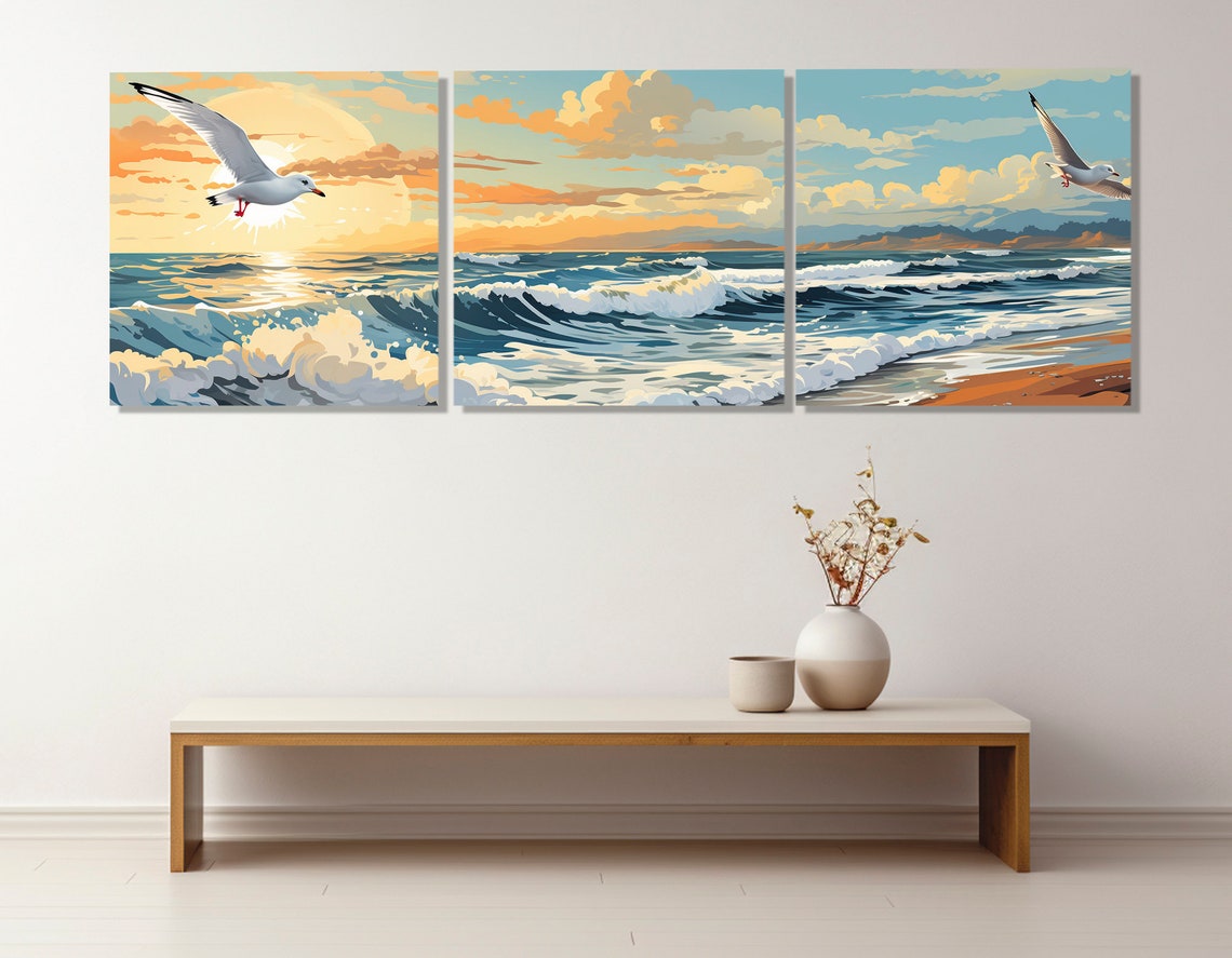 Seagulls Over Ocean Waves Sunset Beach Retro Illustration Poster - Image 4