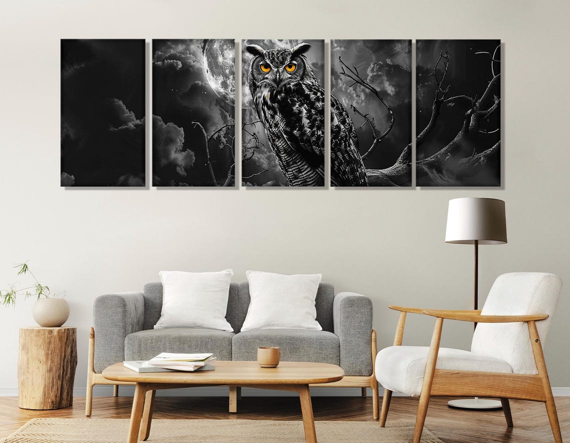 Great Horned Owl Amber Eyes Full Moon Black And White Night Poster - Image 3