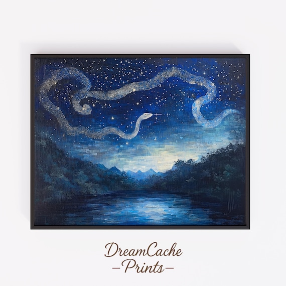 Star Serpent Constellation Night Sky Over River Mythology Art Poster