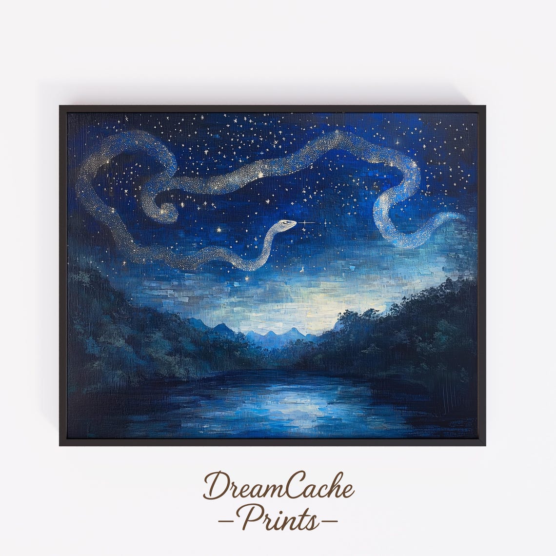 Star Serpent Constellation Night Sky Over River Mythology Art Poster