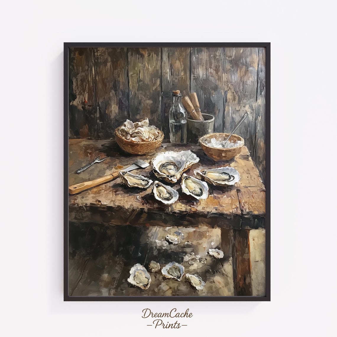 Oyster Shucking Table with Tools Rustic Seafood Still Life Poster