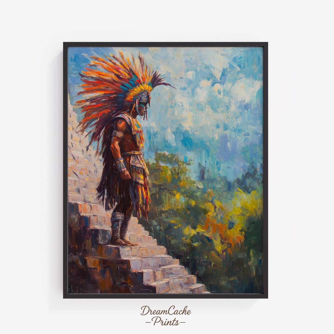 Aztec Warrior Descending Pyramid Steps Feathered Headdress Art Poster