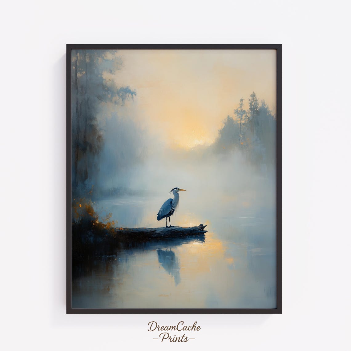 Blue Heron Resting On Fallen Log In Foggy Lake Soft Light Poster