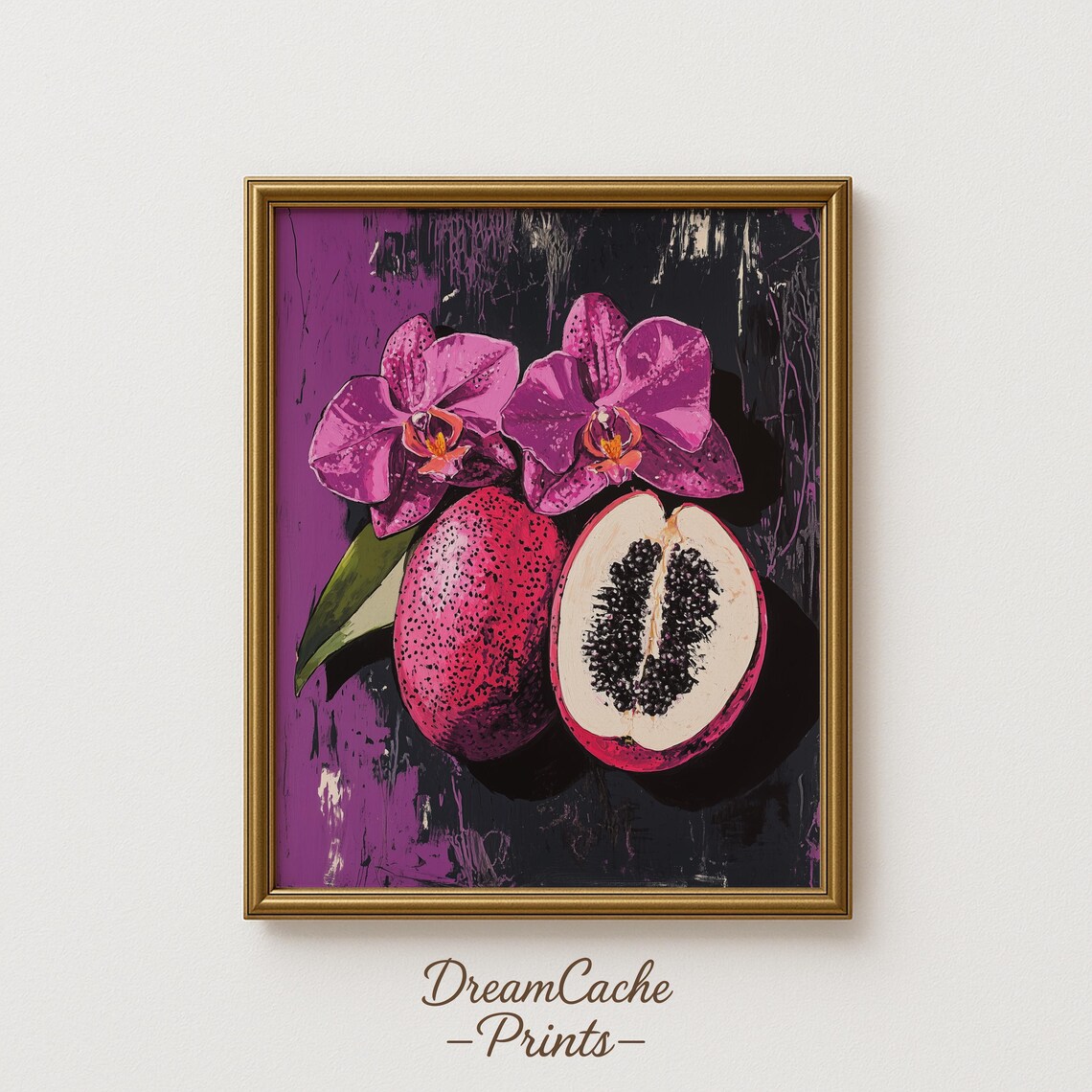Tropical Dragonfruit And Orchids Ink Watercolor Botanical Poster