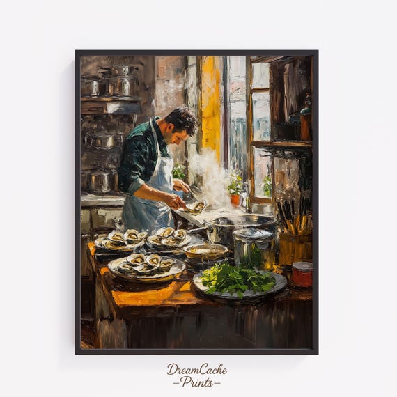 Oyster Painting Coastal Wall Art Gourmet Kitchen Scene With Herbs And Steam Moody Culinary Decor Rustic Still Life 47