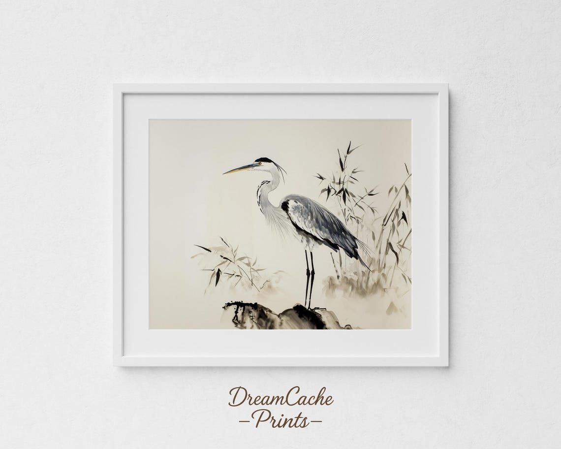 Grey Heron Ink Wash Painting Standing On A Rock By Bamboo Art Poster