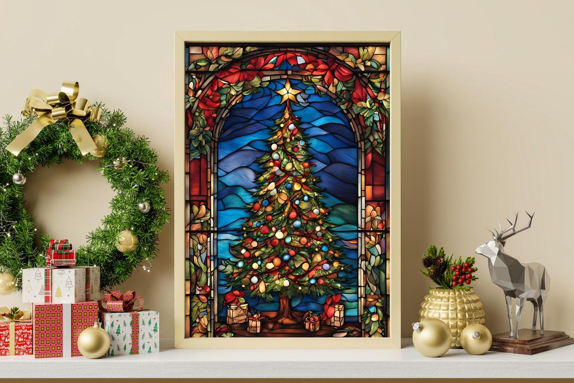 Traditional Stained Glass Christmas Tree Ornaments Holiday Poster - Image 2