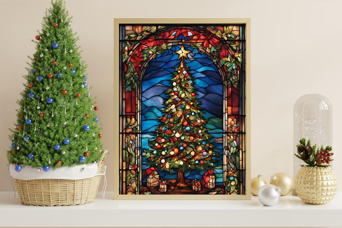 Traditional Stained Glass Christmas Tree Ornaments Holiday Poster