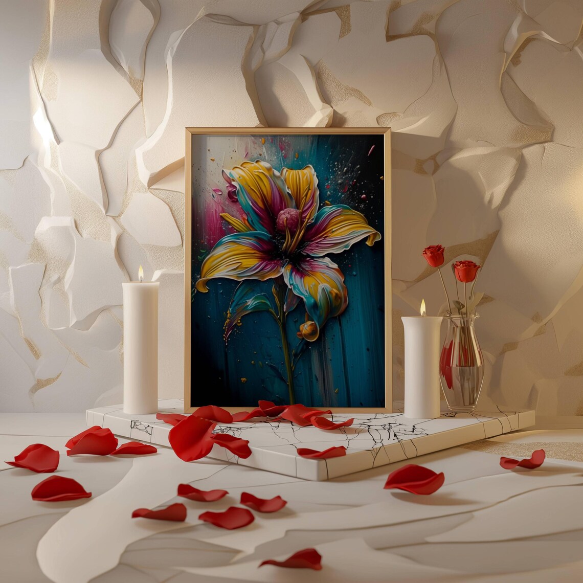 Stylized Rainbow Lily Vibrant Flower Painting Living Room Poster