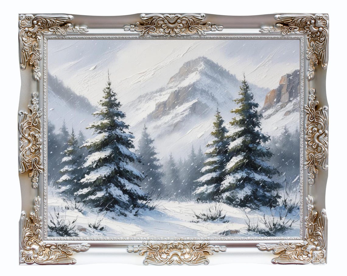 Snowy Winter Pine Trees Misty Mountain Landscape Holiday Poster