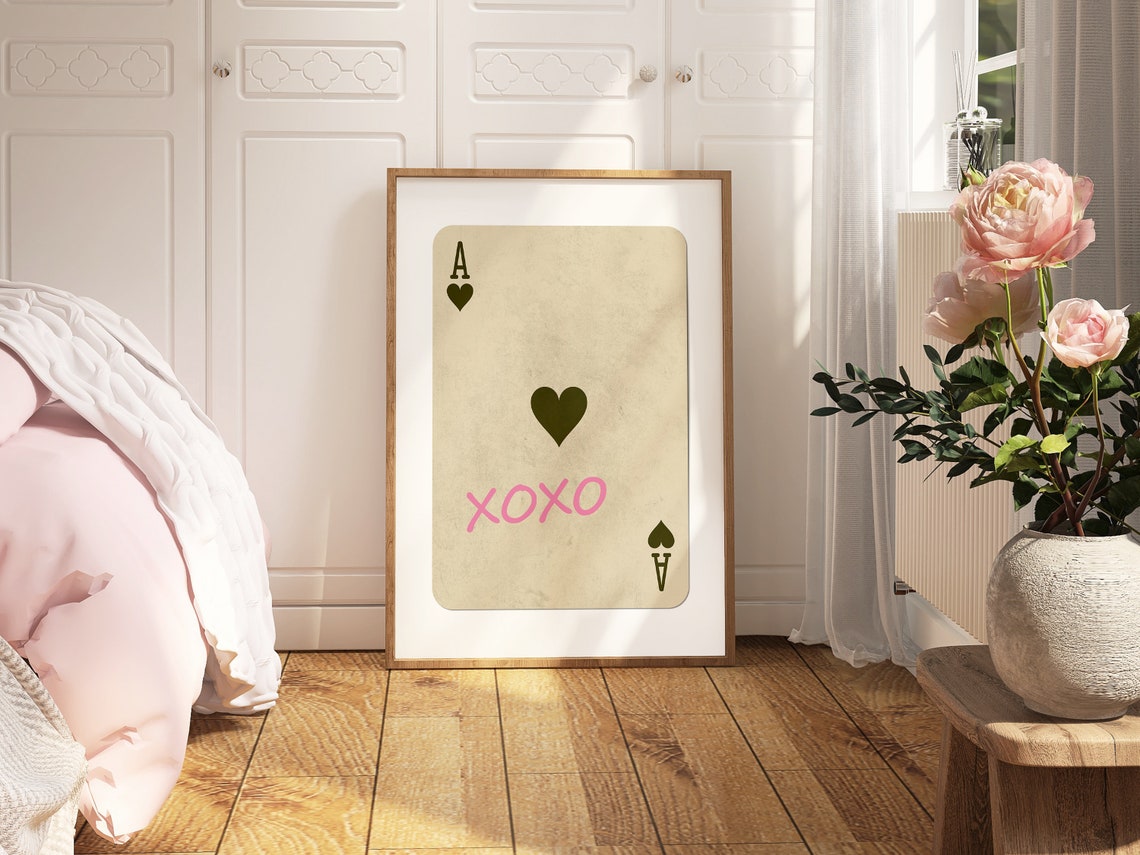 XOXO Beige Ace Of Hearts Playing Card Pink Wall Decor Poster - Image 3