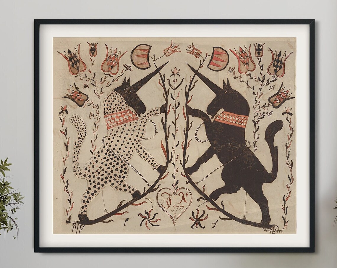 Two Medieval Unicorns, Fantasy Mythical Art Print