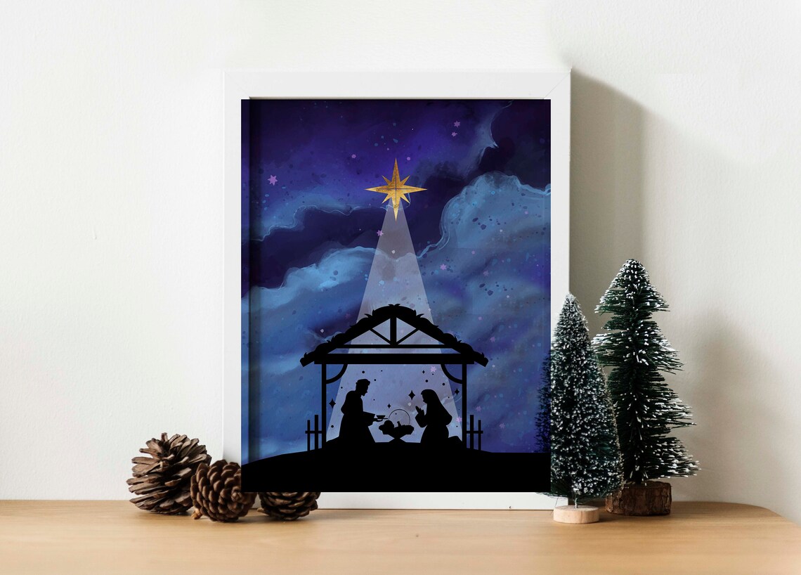 Nativity Silhouette Under Bethlehem Star Night Sky Christmas Poster - Image 3