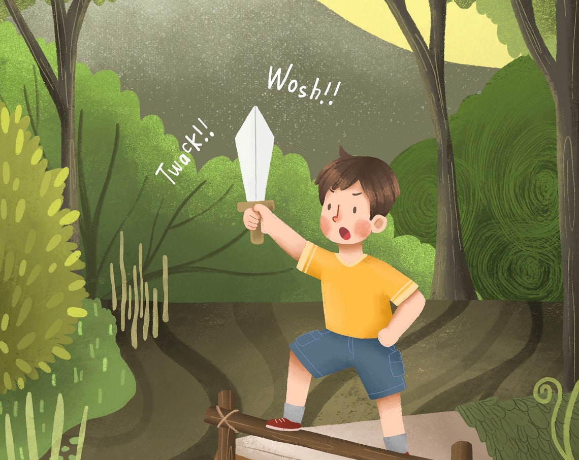 Brave Little Boy with Toy Sword Playing in the Forest Poster
