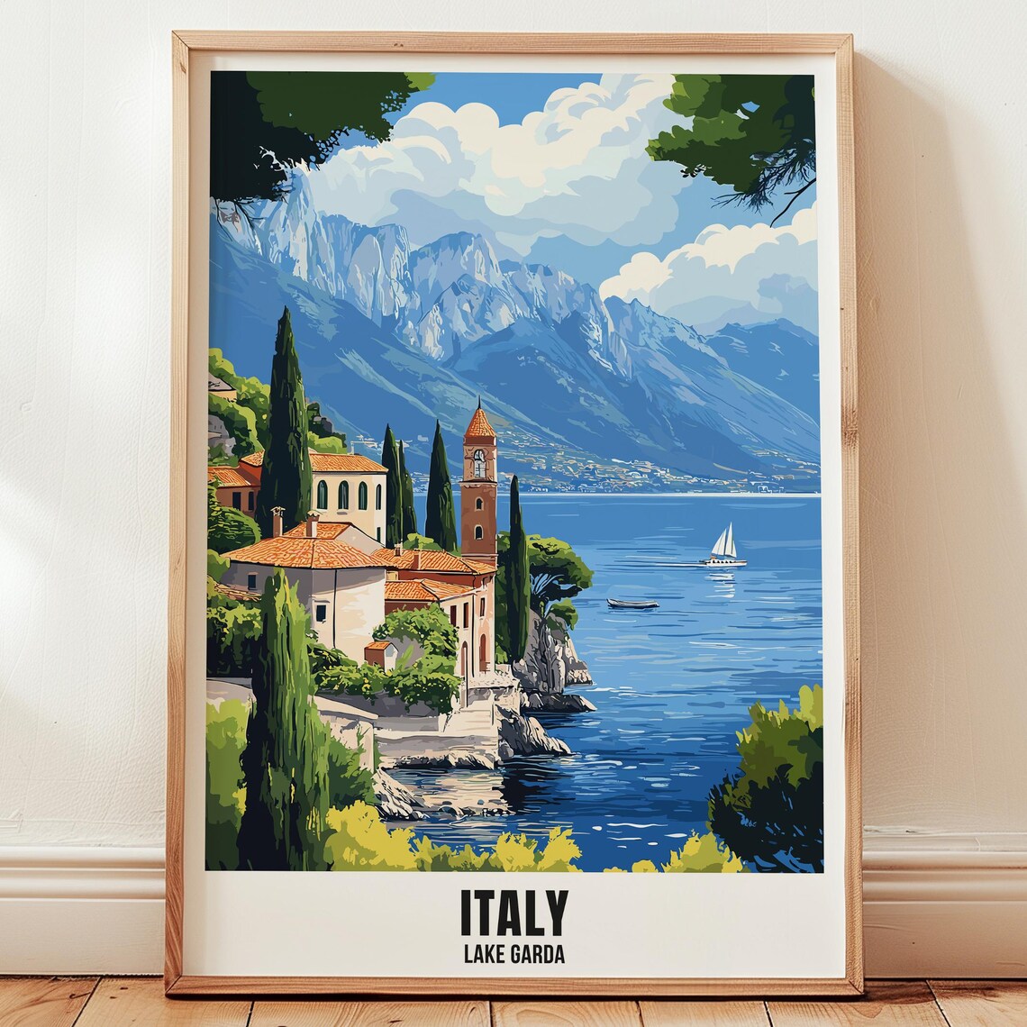 Lake Garda Italy Lakeside Village Mountains Vintage Travel Poster