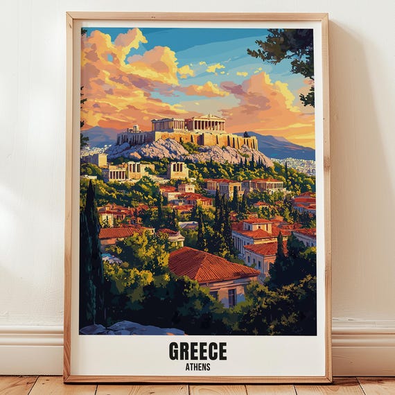 Greece Athens Travel Poster Wall Art Illustration Print