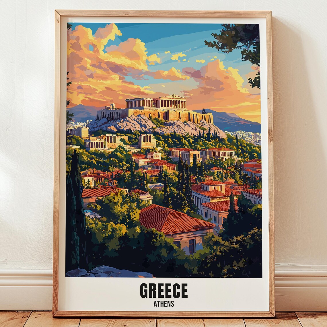 Athens Greece Acropolis Parthenon Golden Hour Vintage Travel Poster