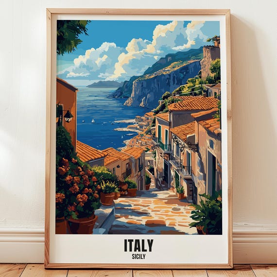 Italy Sicily Travel Poster Wall Art Illustration Print