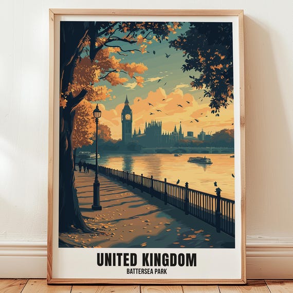 United Kingdom Battersea Park Travel Poster Fountain Wall Art Illustration Print