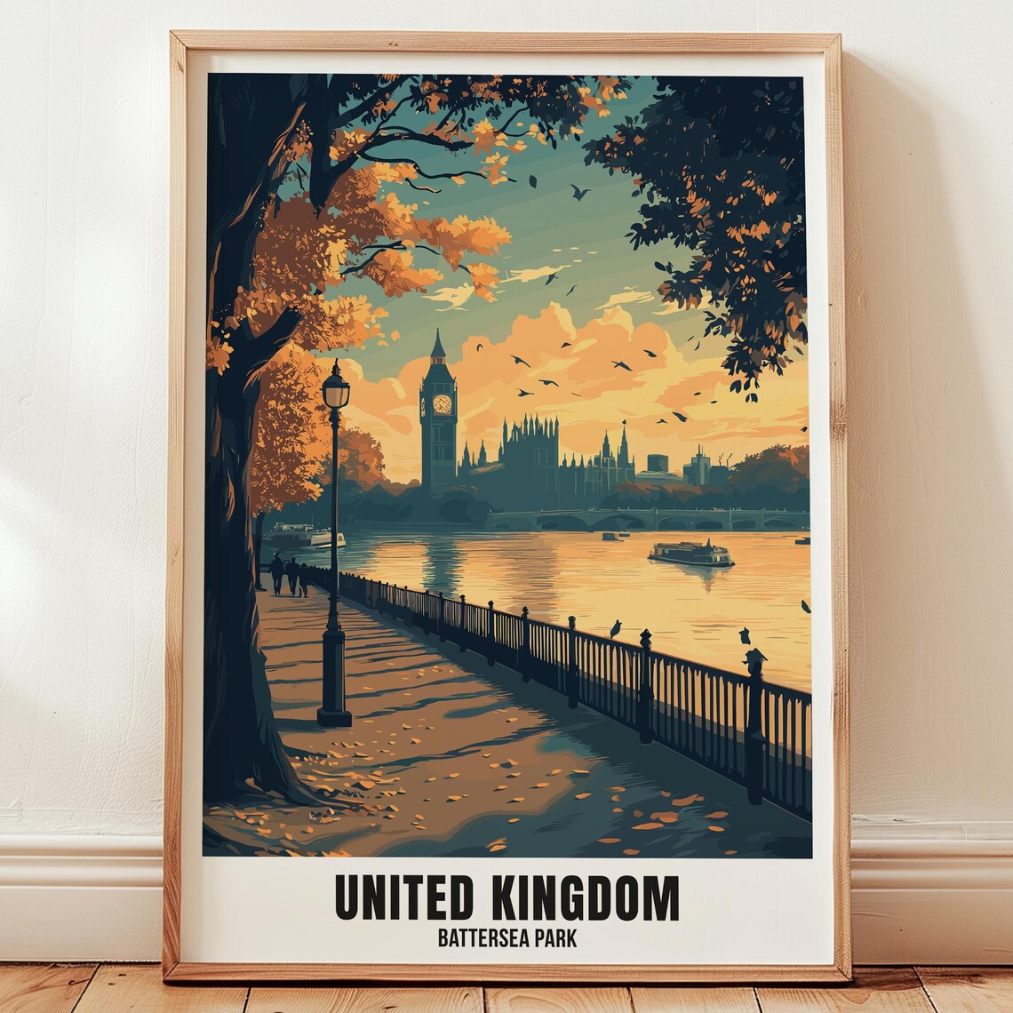Battersea Park London Big Ben Riverside View Vintage Travel Poster