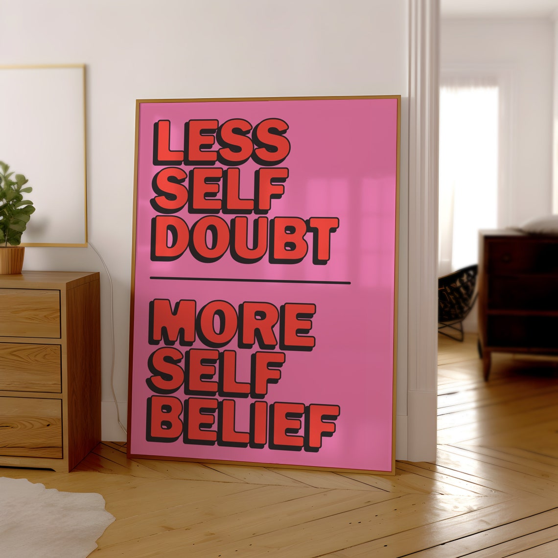 Less Self Doubt More Self Belief Pink Red Retro Quote Poster - Image 3
