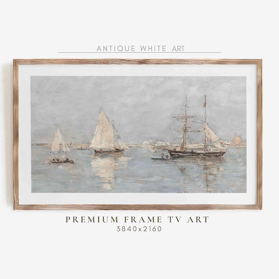 Vintage Sailboat Harbor Ships Neutral Seascape Coastal Art TV Poster