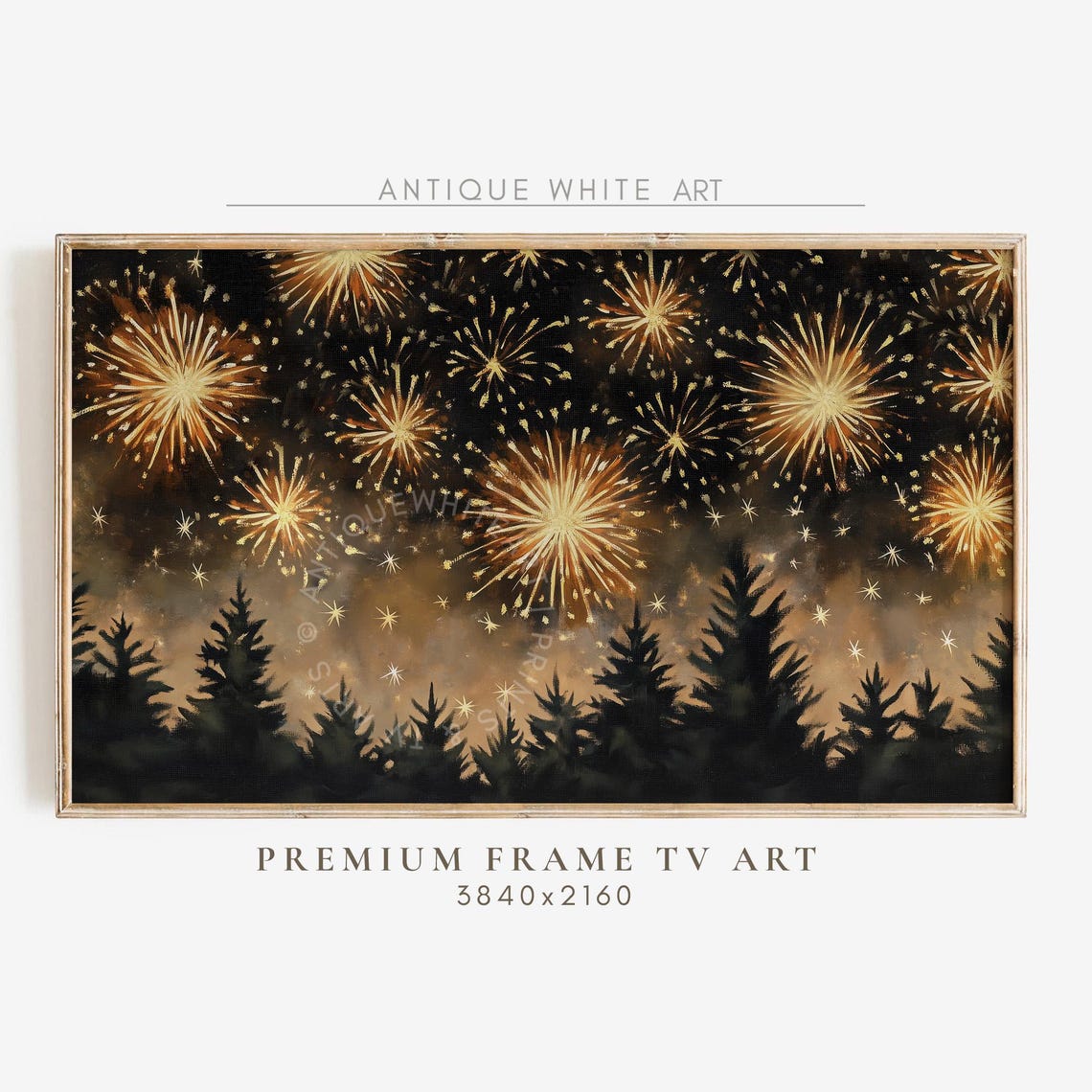 Golden Fireworks Over Pine Silhouettes New Year Night Wall Art