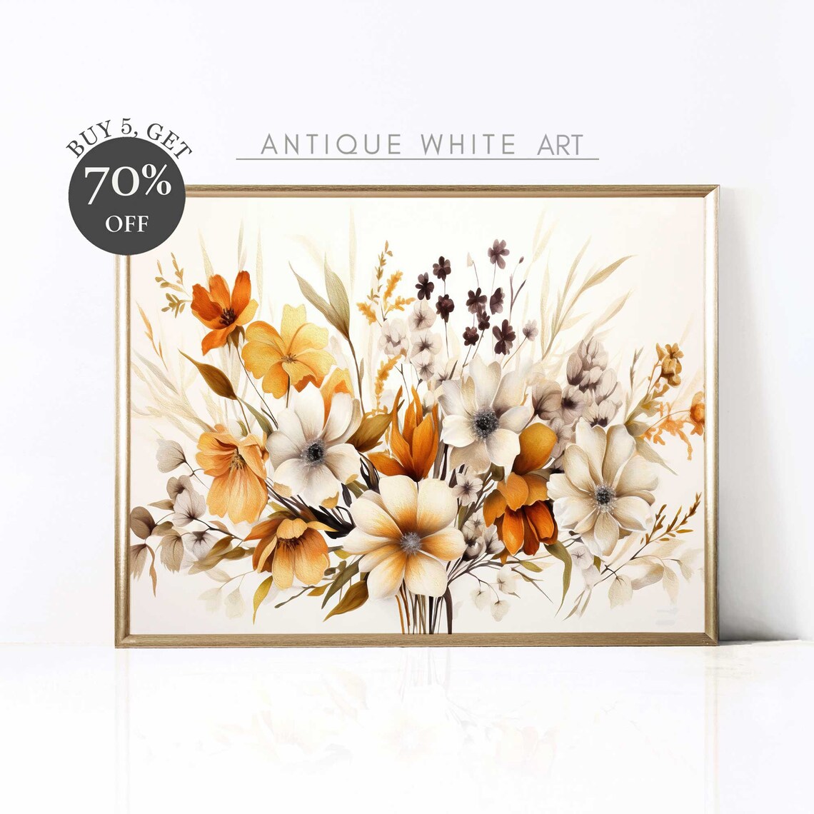 Autumn Wildflower Bouquet Orange Cream Floral Vintage Wall Art Poster