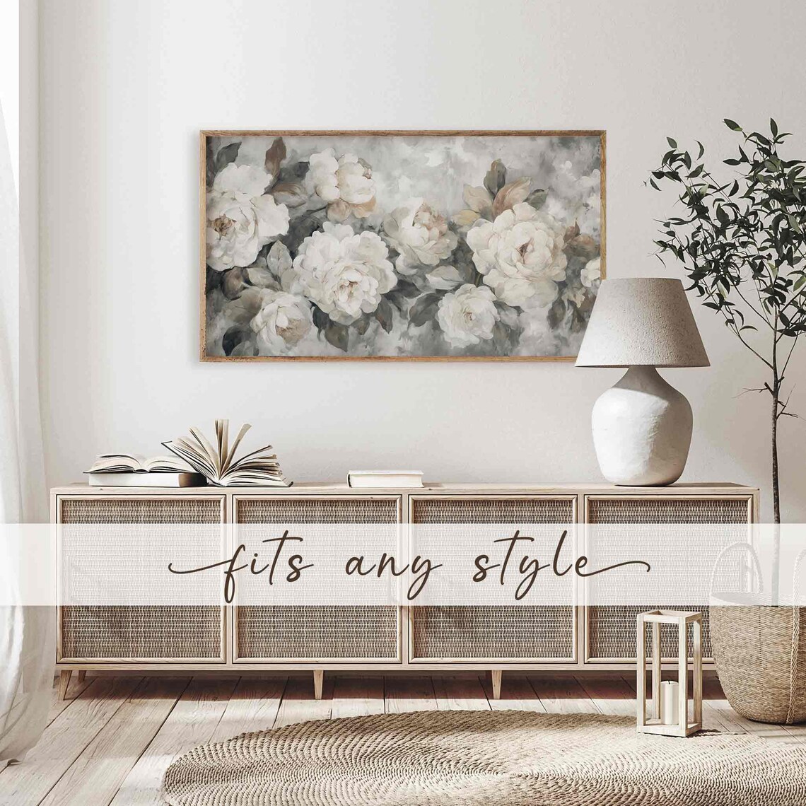 White Peony Garland Grey Wash Vintage Botanical Floral Wall Art Print - Image 4