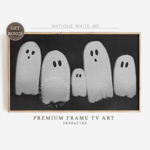 Five Fuzzy Gray Ghosts On Black Background Cute Minimalist Halloween Poster