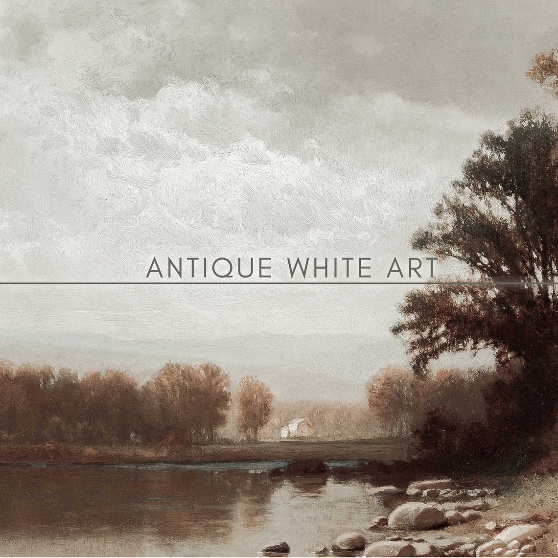 Autumn Riverside Tall Trees Rocky Shore Figure Vintage Fall Art Poster - Image 3