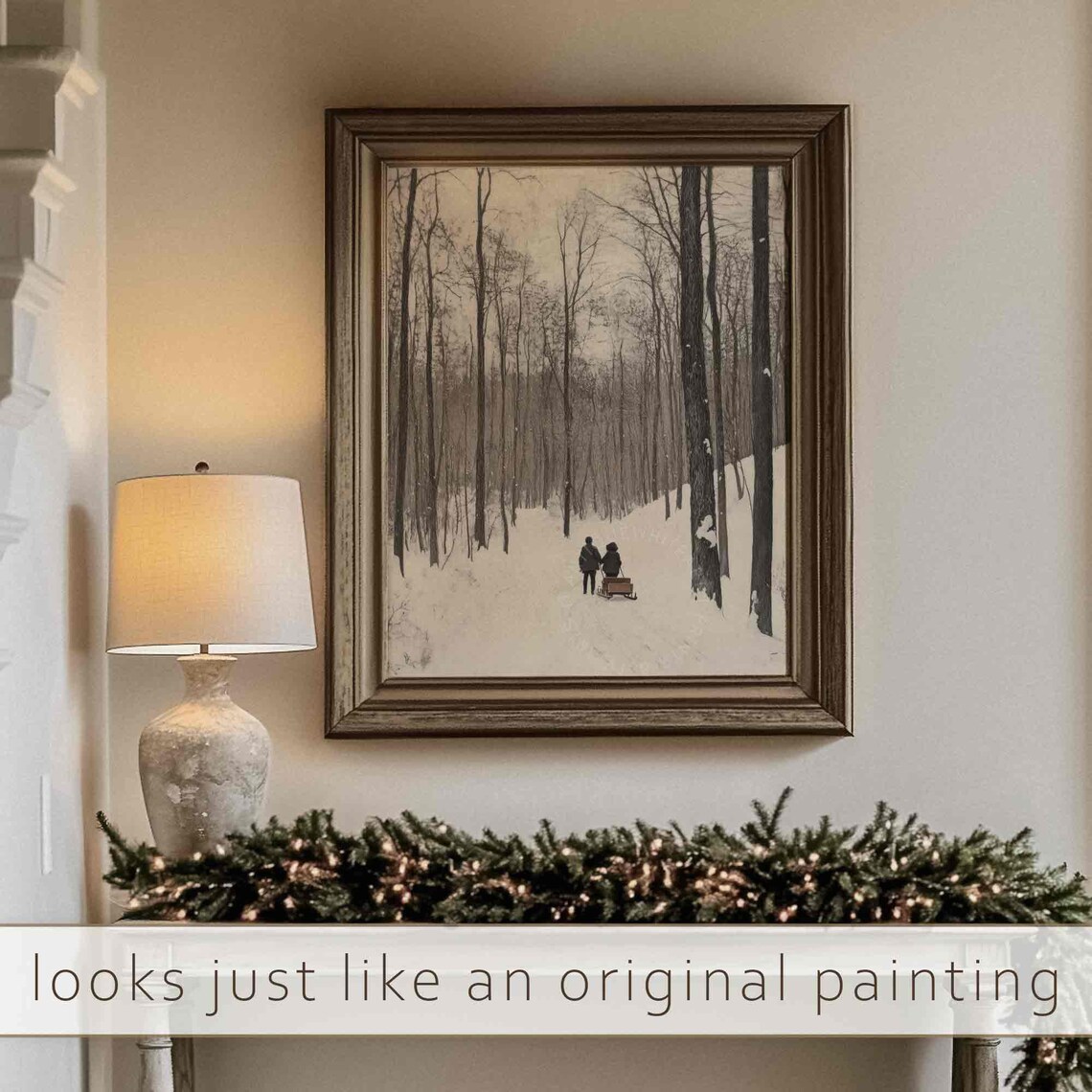 Children With Sled In Snowy Birch Forest Sepia Winter Wall Art - Image 3