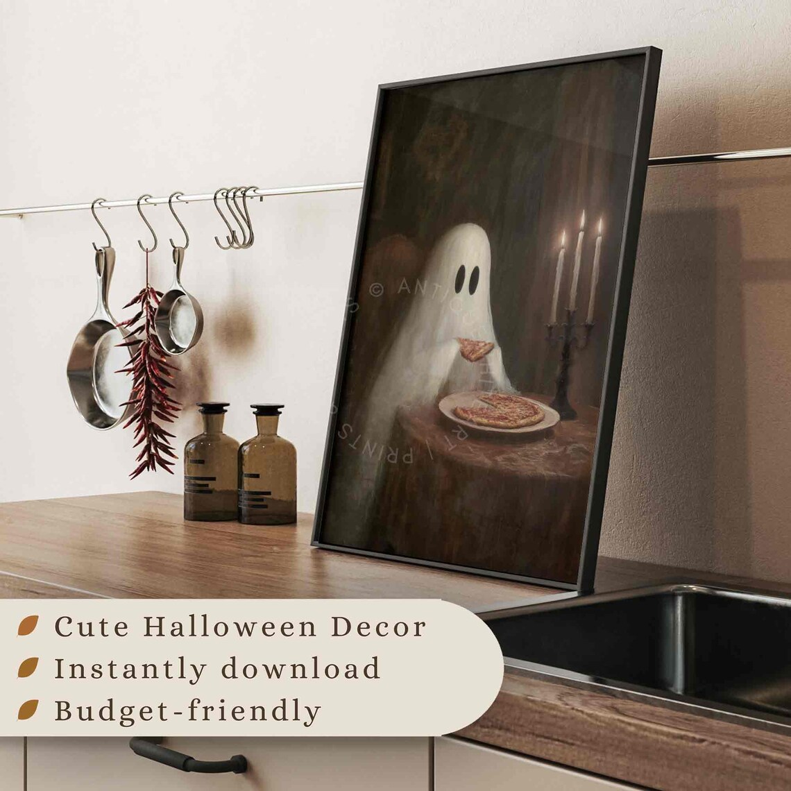 Ghost Eating Pizza Halloween Quirky Art Print - Image 3