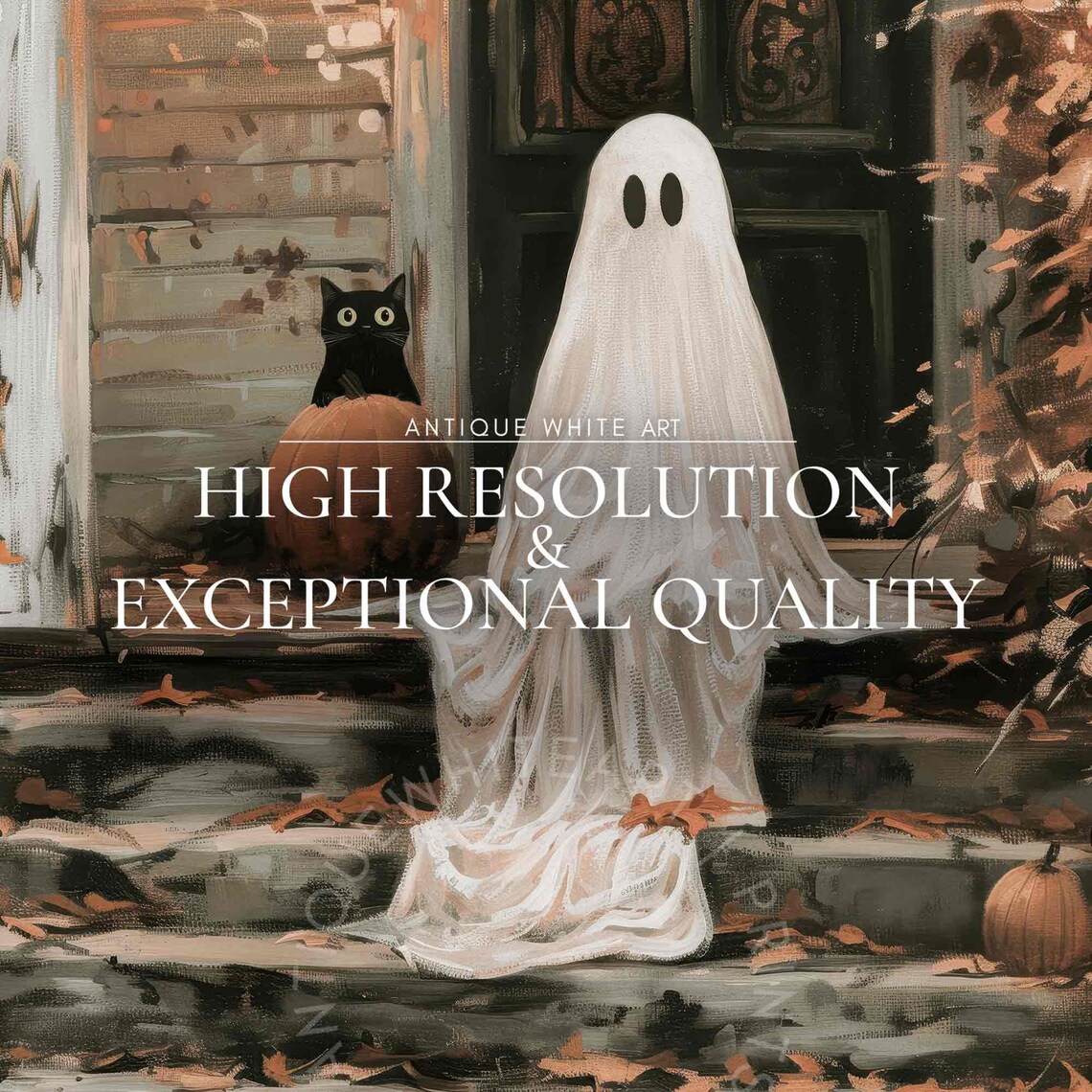 Spooky Cute Ghost On Rustic Porch Steps Autumn Pumpkin Farmhouse Halloween Poster - Image 3