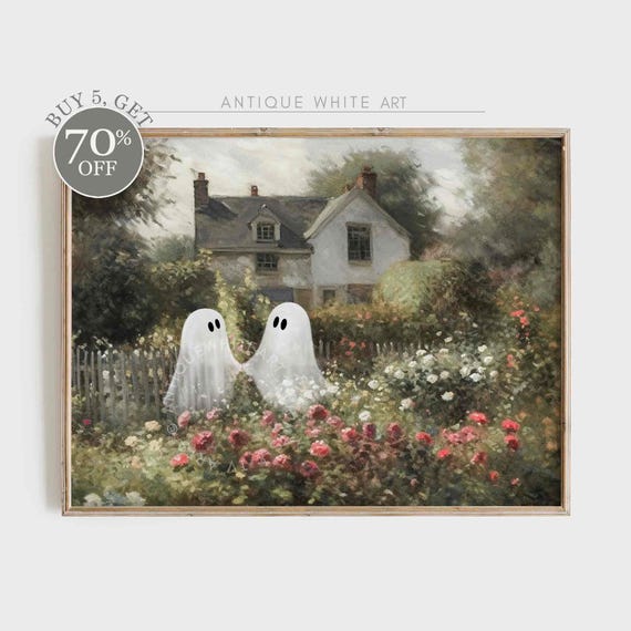 Halloween Wall Art Cute Ghosts In Vintage Oil Painting Cottagecore Halloween Decor Farmhouse Print Prints A284